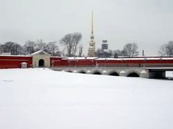 The St. Peter and St. Paul fortress overlooking the frozen river Neva